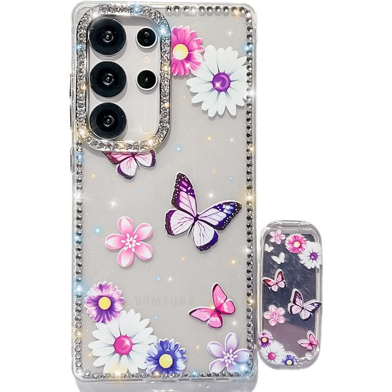 The Flash Diamond Frame Is Suitable for Samsung S25Ultra Mobile Phone Case, Painted Flower Butterfly Mirror Holder, New A56 Case.
