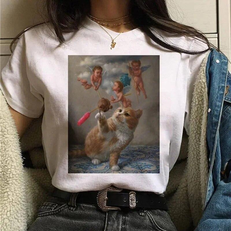Camiseta Gato Van Gogh woUnisex estampado artístico pintura al óleo hermosa linda divertida camiseta dibujos animados años 90 ulzzang top casual camiseta mujer
