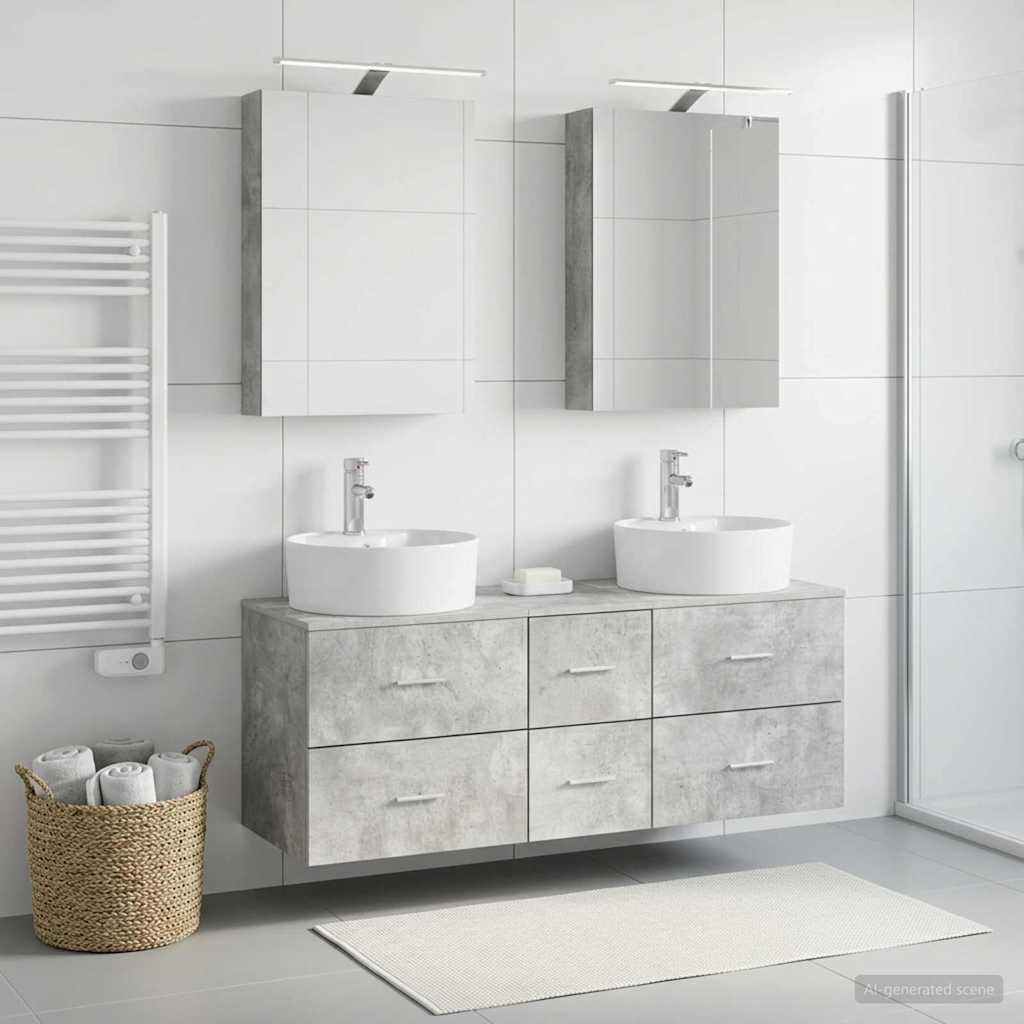 5 Piece Bathroom Furniture Set Concrete Grey Engineered Wood and Glass