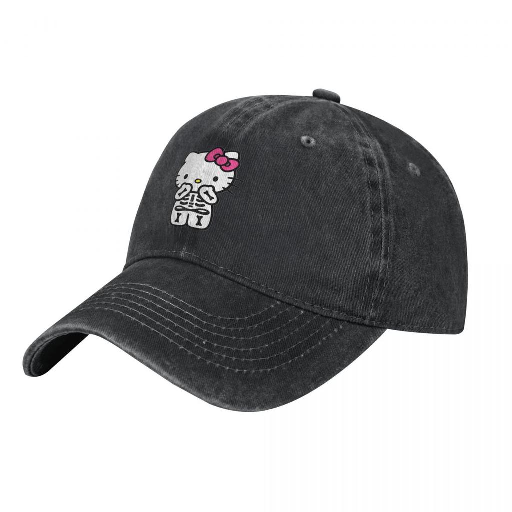 Skeleton Kitty Hellokitty Kawaii Cat Japanese Cartoon Baseball Caps Denim Washed Caps Hat Retro Outdoor Travel Gift Cap