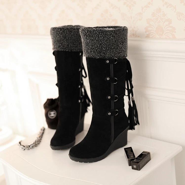 Women's High Boots Winter Fashion Lace-up Tassel Long Boots Women Platform Wedge Snow Boots Warm Cotton Boots