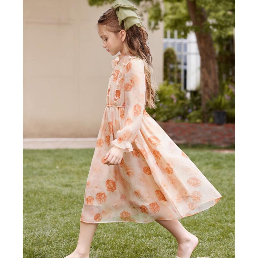 Sweet Orange Floral Print Dress for Girls, Spring and Autumn Fashionable Princess Dress for Children