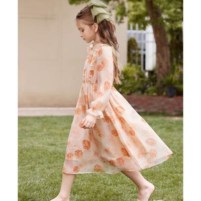 Sweet Orange Floral Print Dress for Girls, Spring and Autumn Fashionable Princess Dress for Children
