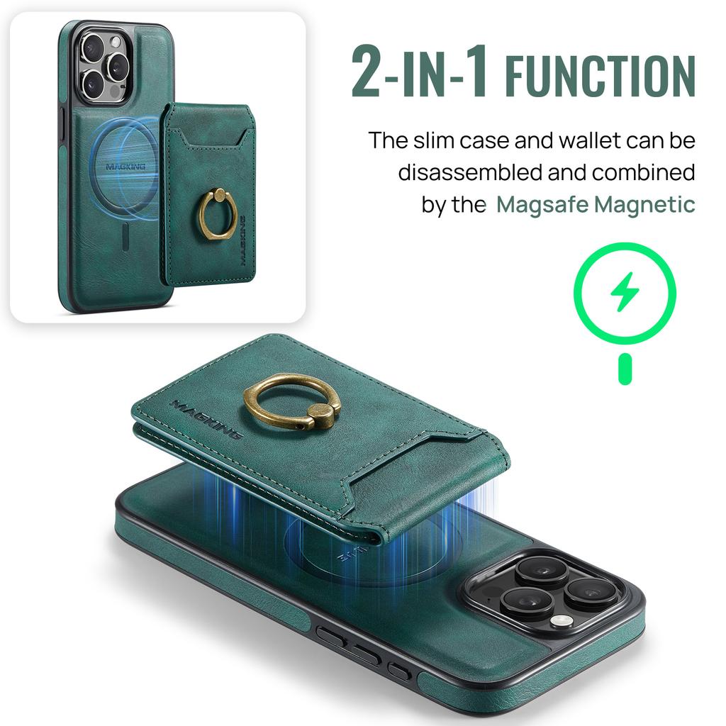 MAGKING K1 Series For iPhone 16 Pro Magnetic Case PC+TPU+PU Phone Cover with Card Holder Kickstand