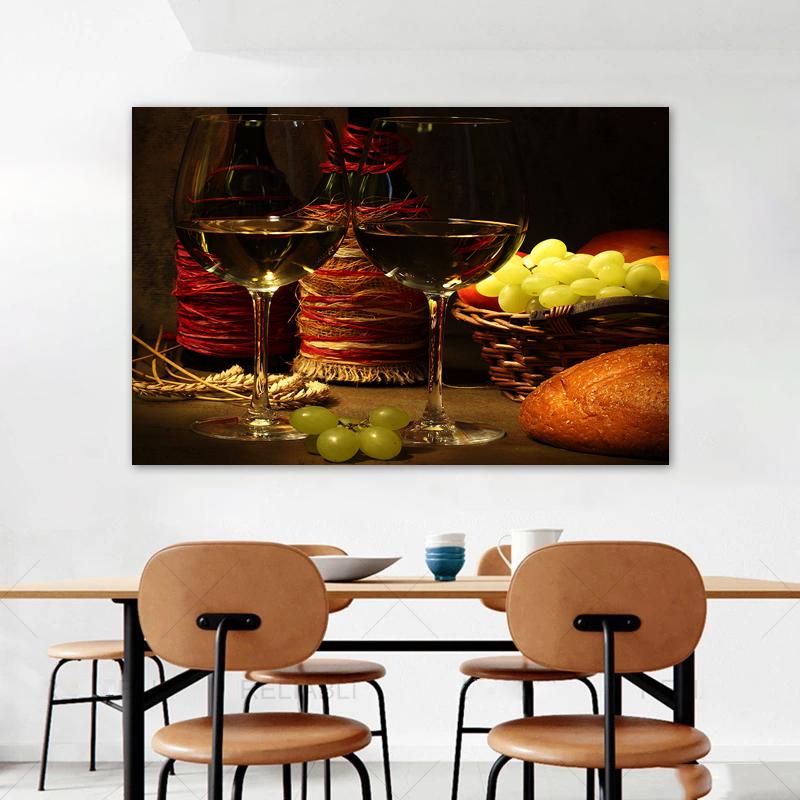 Wine Glass Bottle Posters and Prints Canvas Painting Wall Art Pictures for Dining Room Home Decor Grapes Wooden Barrel Cuadros