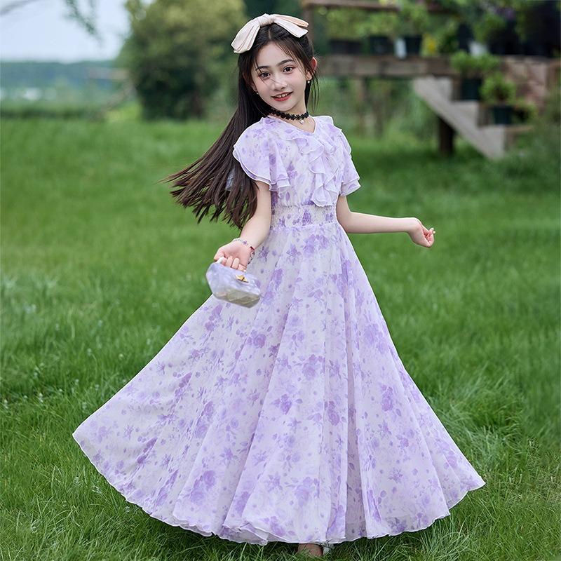 Mädchen Sommerkleid mit Blumenprint, Prinzessinnenstil, kurzärmelig, A-Linie, für größere Kinder