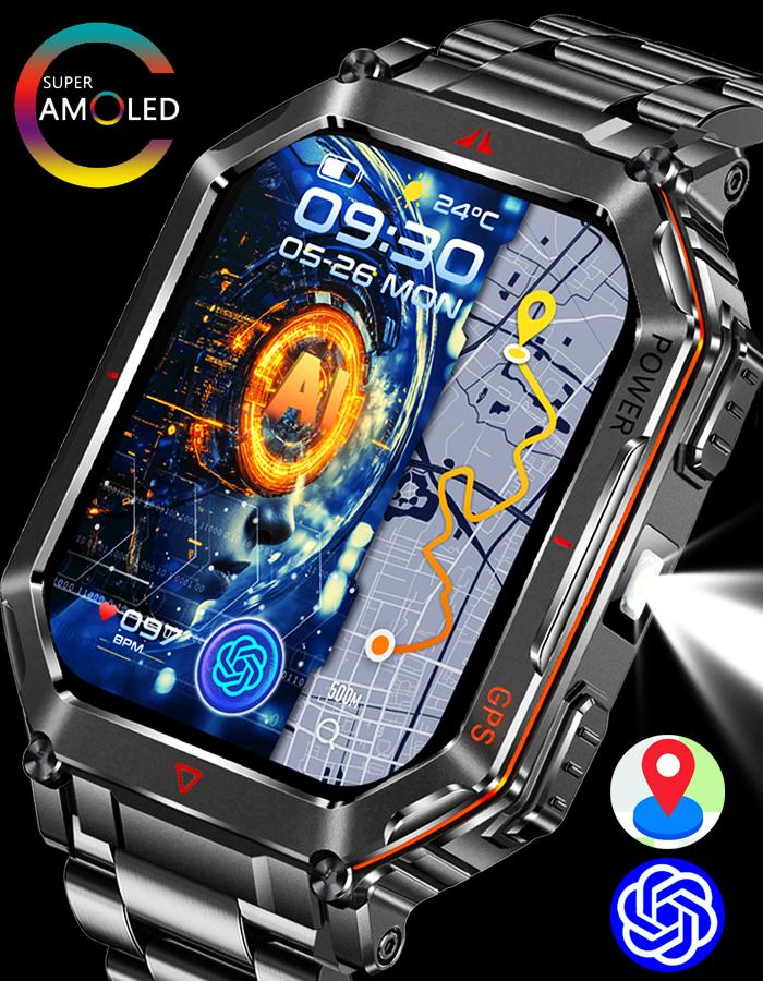 Military Smart Watch for Men with GPS Compass GPT Voice Assistant Smartwatch with LED Flashlight Bluetooth Call Fitness Tracker for Android & iOS