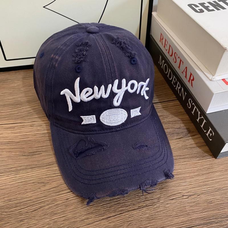 Retro New York Embroidery Dad Hat Distressed Ripped Frayed Washed Cotton Multi Tone Casual Street Baseball Cap for Women Men