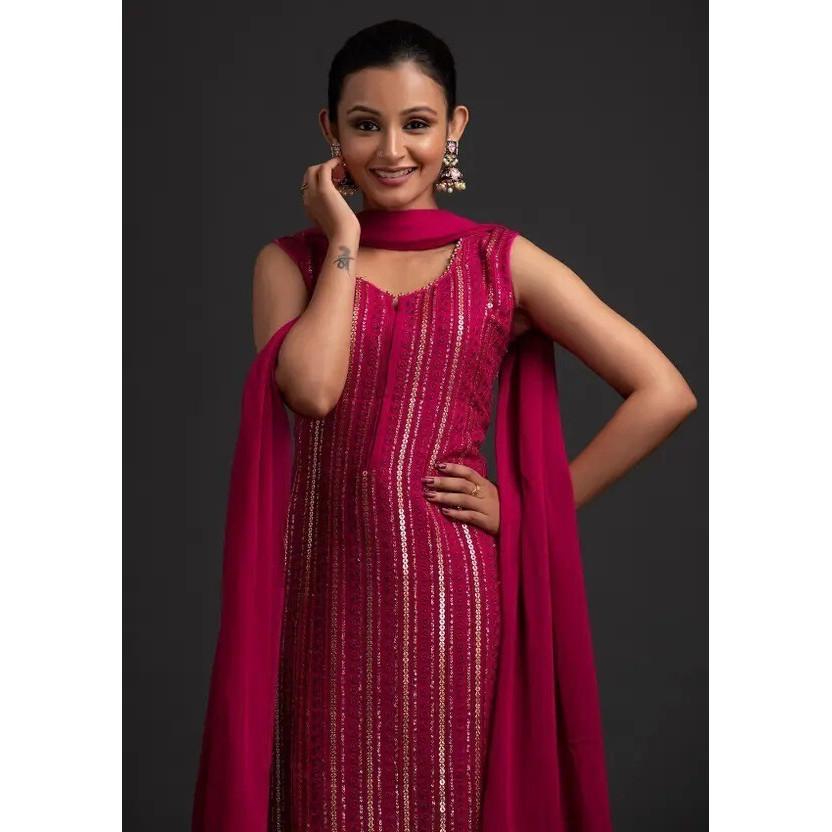 Party Wear Georgette Top Tunic Kurta Sharara Dupatta Set Women Designer Kurti VFP-1855a