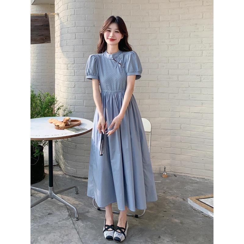 Blue New Chinese Dress, Summer Women's New Cheongsam Improved, Light and Mature, Foreign Style and Thin Long A-shaped Skirt