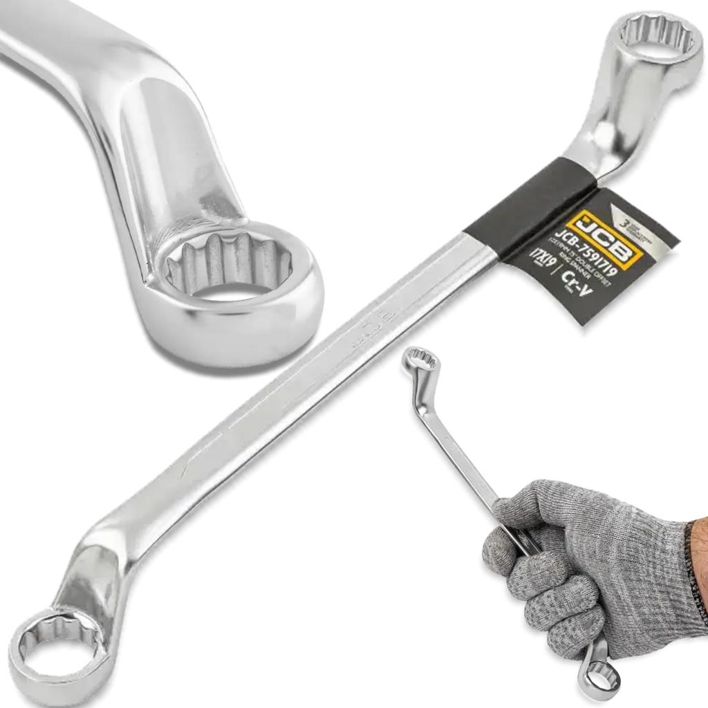 JCB 2-sided box wrench, angled 75 degrees, 17x19 mm Cr-V, 12-point