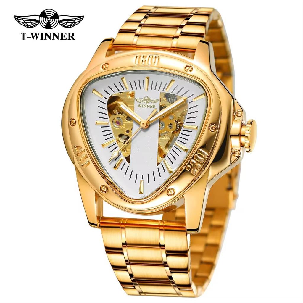WINNER Herren Automatikuhren für Herren Luxus Hohl Dreieck Herren Mechanische Armbanduhren Skelett Wasserdicht Reloj Hombre