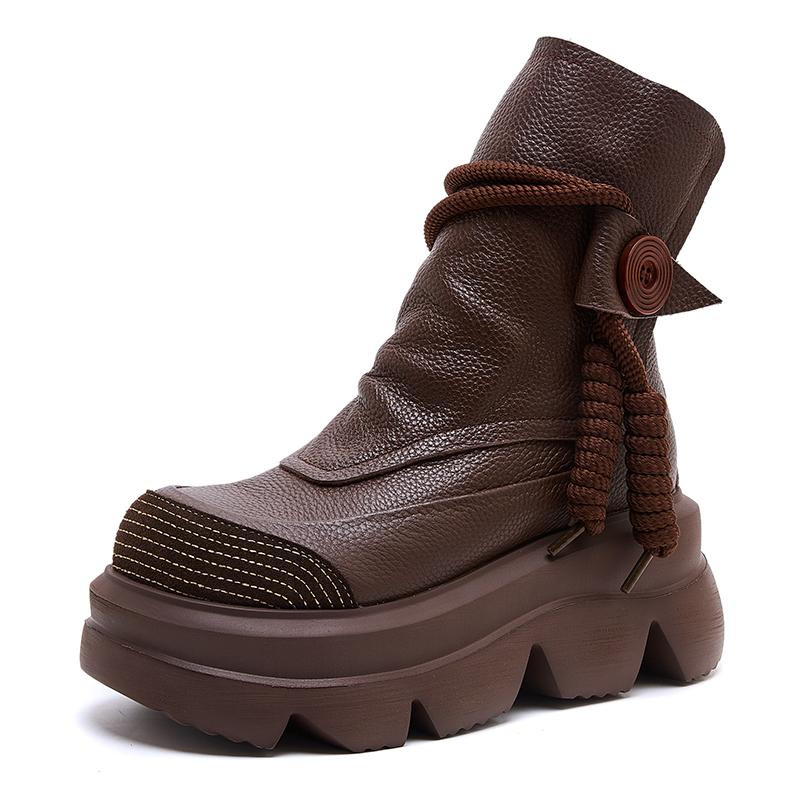 Handmade Mid-calf Boots Platform Women Genuine Leather Short Boots Round Toe Height Increasing Thick Sole Ladies Shoes