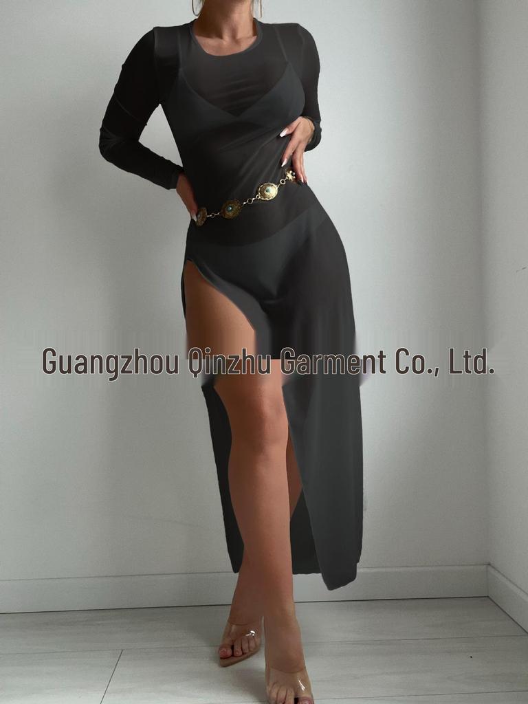 2024 Beach Vacation Mesh Swimsuit Long Cover-Up Dress - Sexy Round Neck Transparent Bikini Cover-Up