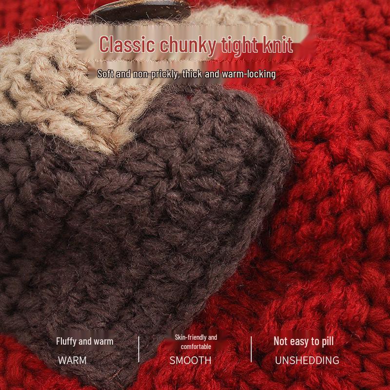 Handmade Red Knitted Beanie with Braid Tassels and Ear Protection