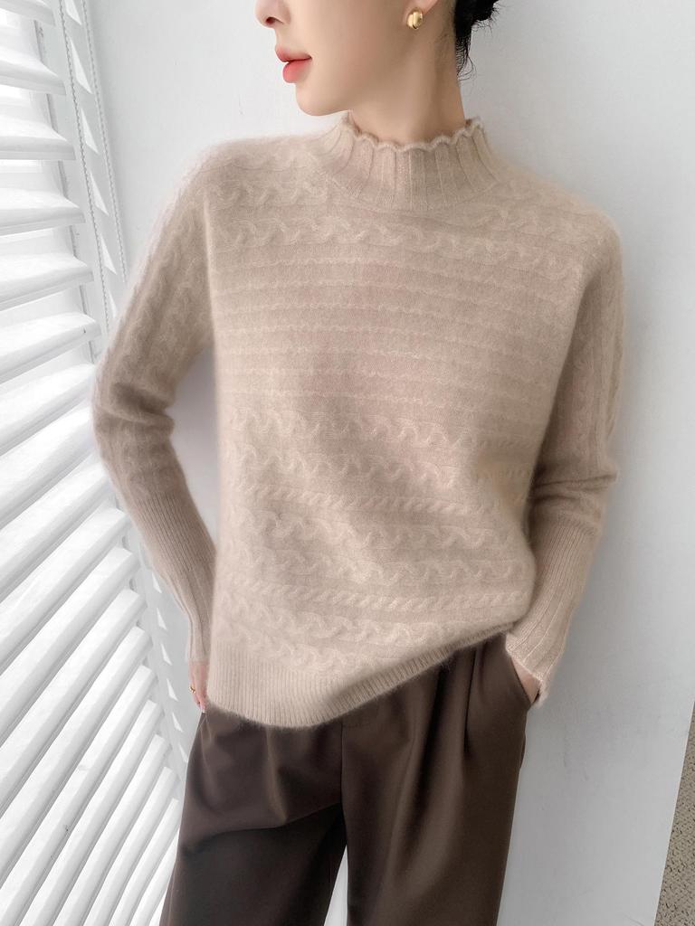 100% Pure Wool Half-High Collar Knit Sweater - Women's Autumn/Winter Soft Pullover, Thick Base Layer.