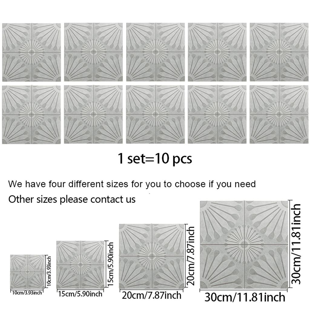 10Pcs  Grey Tile Stickers Fan-Shaped Sunflower Patchwork Wall Decals Waterproof Anti-Slip Backsplash Wallpaper for Living Room Kitchen Bathroom
