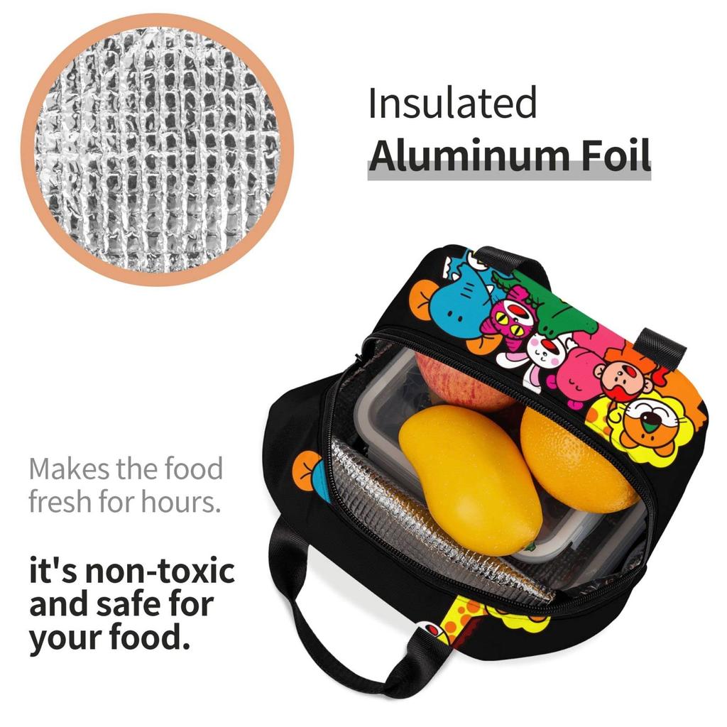 Tabekko Animal Isolierte Lunchtasche mit Verschluss, Schwarz, Bento-Box, Isoliert, Kühltasche mit Reißverschluss, Kompakt, Weiche Kühltasche, Tragetasche/Öko-Tasche