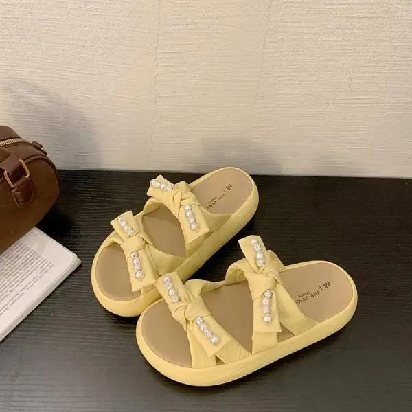 Shoes House Slippers Platform Slides Fashion String Bead Slipers Women Butterfly-Knot Flat Luxury Summer Soft 2025  String Bead