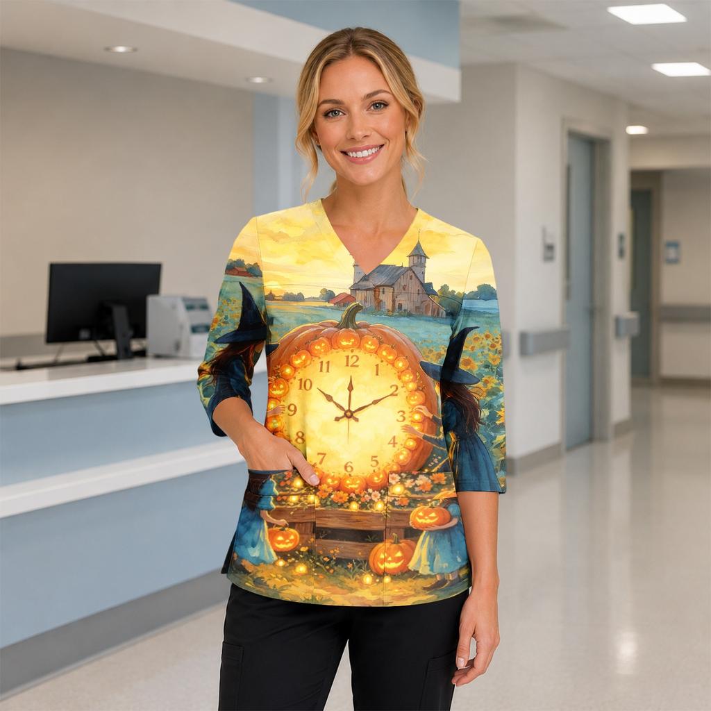 Women's V-Neck Costume with Pockets Halloween Print Side Slit 3/4 Sleeve Top for Cosplay Party