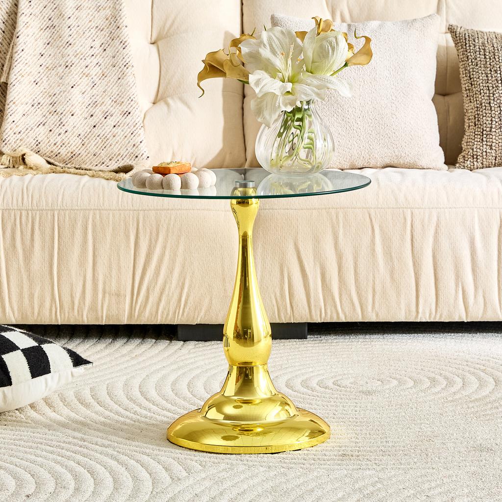 Round Glass Side Table Modern, Elegant Coffee Table with Tempered Glass Top & Stable Base, Compact Sofa Table for Living Room Bedroom (Table Only)