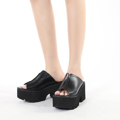 Summer Mules Heels for Women Open Toe Solid Color Chunky Heel Casual Platform Sandals Leisure Black Slip On Oversized