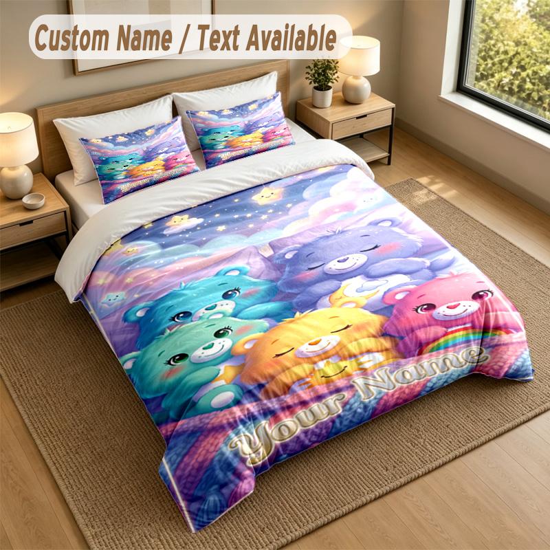 Custom Name Text Bedding 3Pcs Set,Care Bears 1 Duvet Cover 2 Pillowcases Soft Bed Linen For Gift