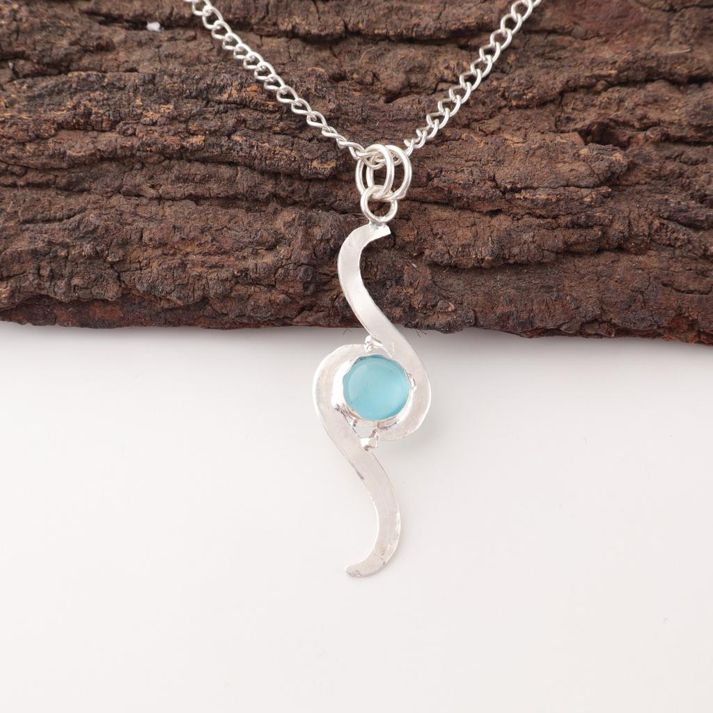 Natural Blue Cat's Eye Gemstone 925 Solid Silver Jewelry Handmade Long Pendant PP-44-38