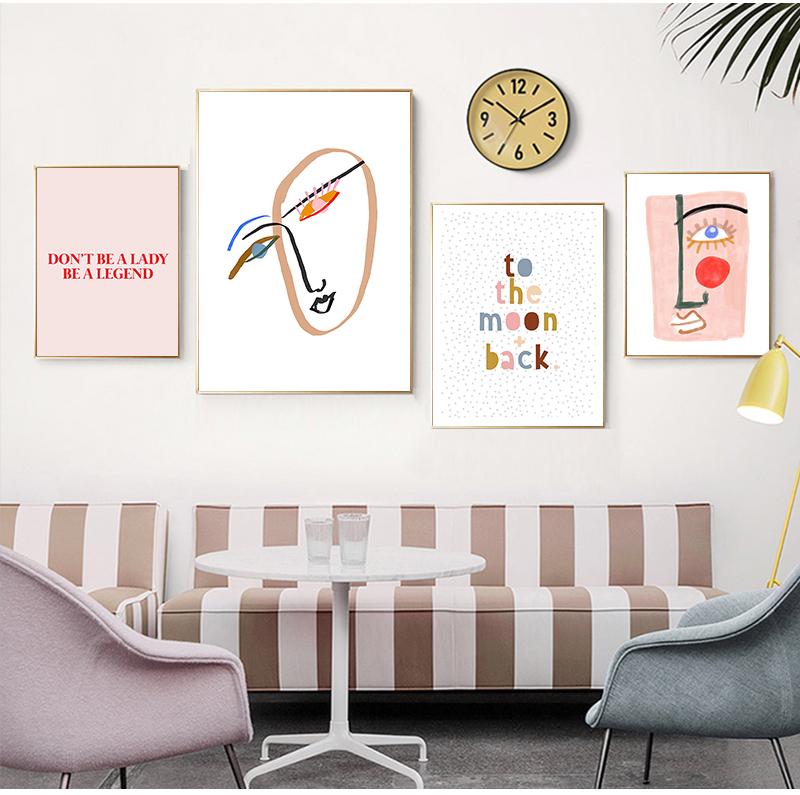 Nordic Abstract Poster Line Face Canvas Painting Wall Art Pink Style Letter Lucky You Pictures For Living Room Modern Decorative No Frame