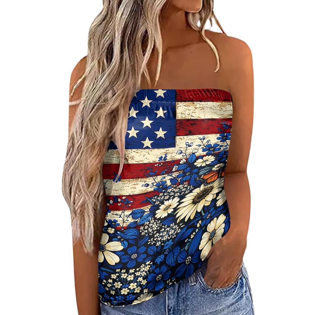 Women's Summer Sexy Strapless Off-Shoulder Elastic Band Design Independence Day Print Top