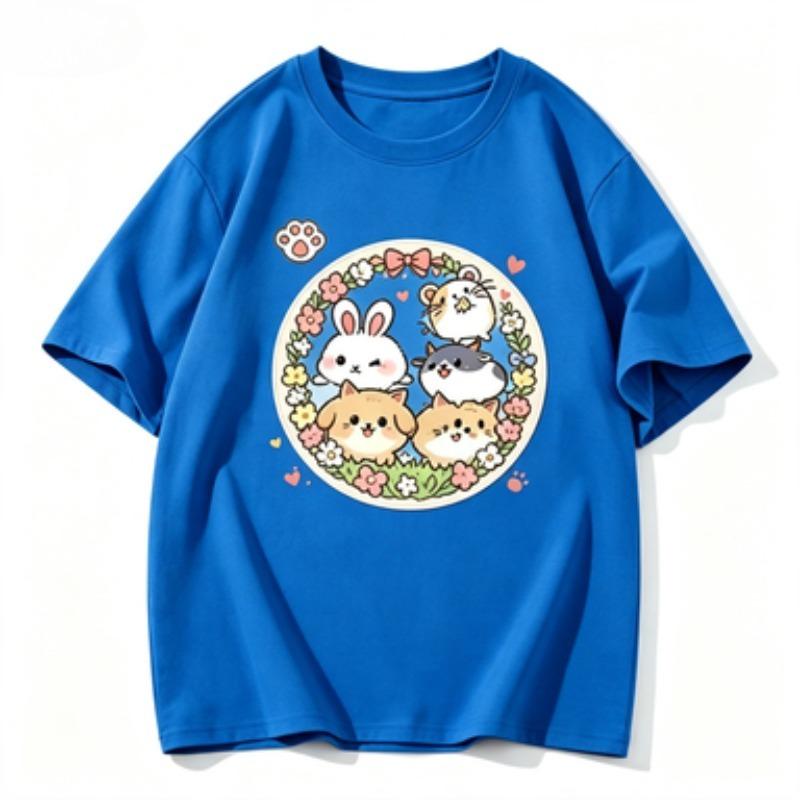 Kawaii Floral Pets Graphic Tshirt Unisex Rabbit Cat Hamster Wreath Print Oneck Short Sleeve Loose Casual Summer Tops