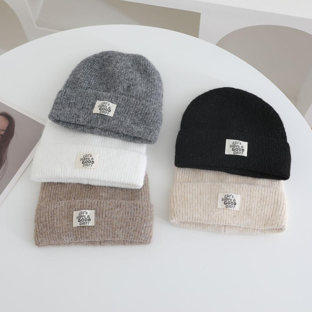 Simple Letter Pattern Labeling Knitted Hat for Women In Autumn and Winter New Thickened Warm and Cold Hat Showing Face Small Ear Protection Hat