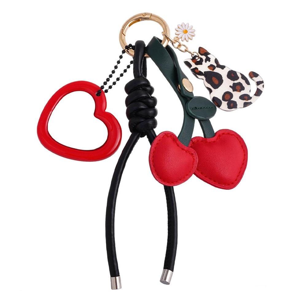 Key Ring Leather Cherry Pendant Heart-shaped Mirror Cat Cherry Bag Pendant  Car Key Pendant keychain