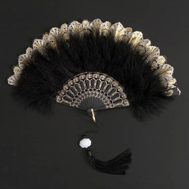 Ancient Style Feather and Lace Cheongsam Fan - Retro Chinese Hanfu Dance Accessory.