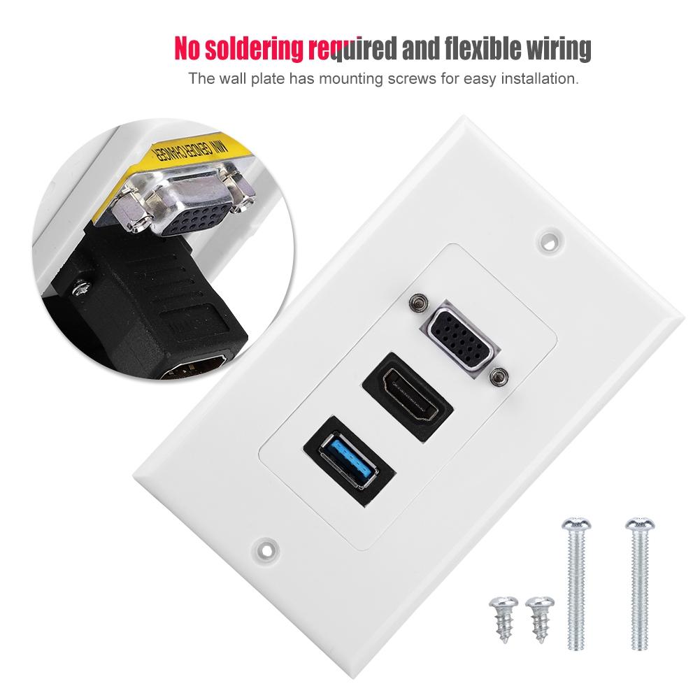 US 3 PORT VGA HDMI USB3.0 Socket Wall Mount Panel Adapter Wall Socket