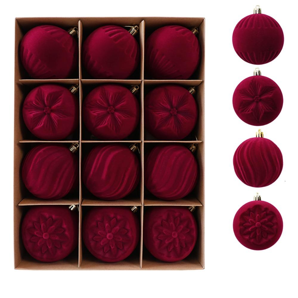 8 CM Red Flocked Christmas Balls Ornaments Break-Resistant with Lanyards Xmas Tree Baubles Pendants Solid Color Shatterproof