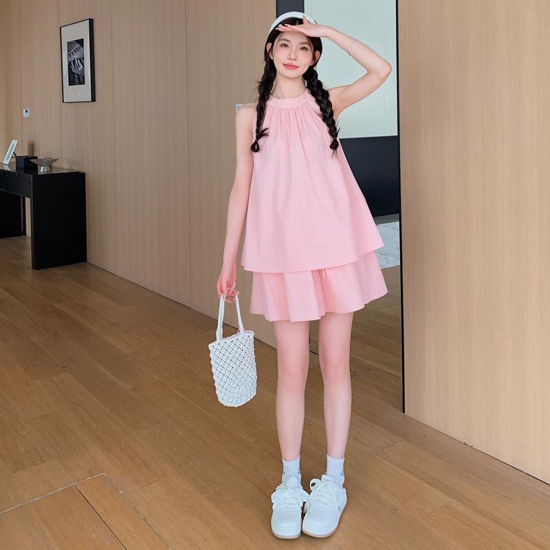 Francuski Uroczy Ciążowy Zestaw Babydoll Bez Rękawów Top i Szorty - Lato 2024