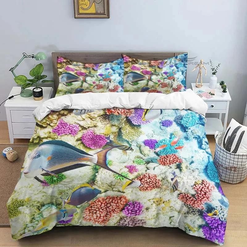 Ocean World Marine Life Art Pattern Comforter Bedding Set,Duvet Cover Bed Set Quilt Cover Pillowcase,King Queen Size Bedding Set