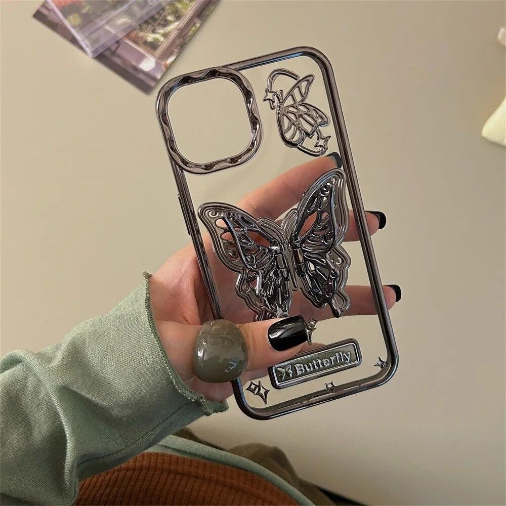 Galwanizowany Uchwyt 3D Motyl Etui na Telefon Dla iPhone 14 15 Pro Max Etui iPhone 12 13 Pro Max Wstrząsoodporny Przezroczysty Pokrowiec