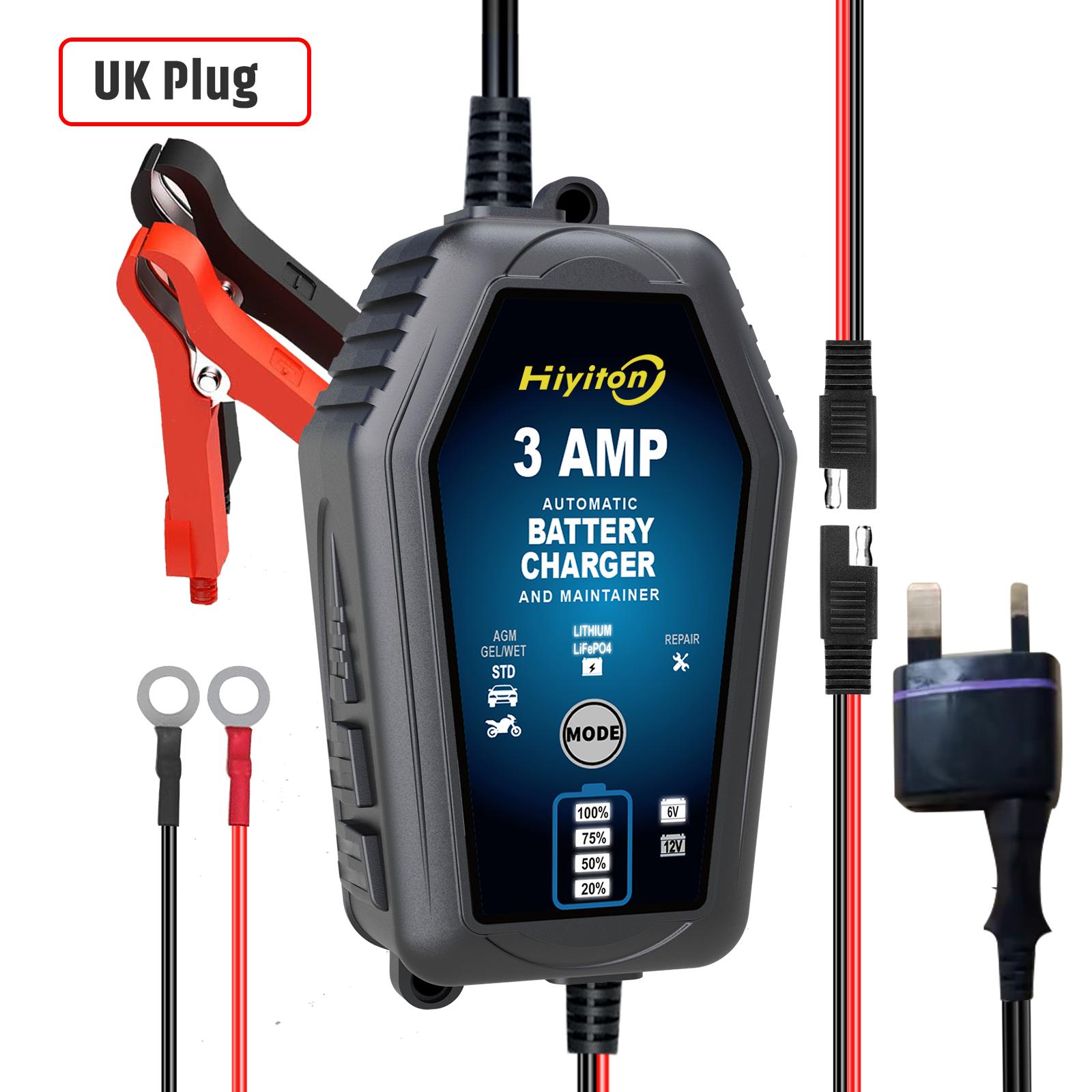 Hiyiton 6V/12V 3000mA Car Motorcycle Smart Battery Charger for Lithium LiFePO4 Lead-Acid Battery Pluse Repair Charge Maintainer UK-PLUG