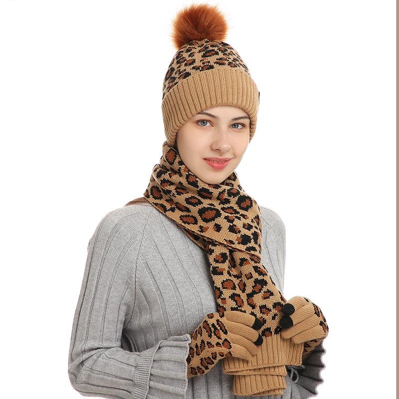 Autumn and Winter Knitted Hat Set New Women's Leopard Print Warm Wool Hat Scarf Gloves Three-piece Set