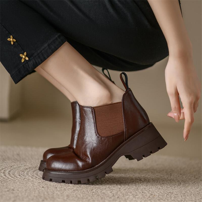 Fashion Autumn Split Leather Ankle Boots Women Round Toe Chunky Heel Platform Boots for Women Winter Short Boots Concise Women Boots