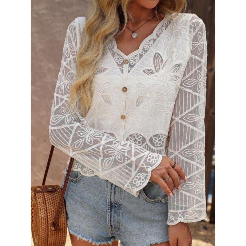 New Arrival Fashion Lace V-neck Single Breasted See-through Lace Crochet Cut Out Cardigan Long Sleeves Sun Protection Shirt for Air Conditioned Rooms