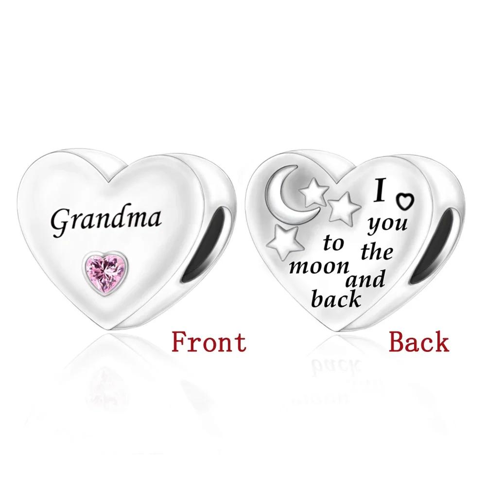Семейные Шарм-бусины Сердце Я Люблю Тебя До Луны и Обратно Браслет DIY Украшения Подарок для Женщин Бабушки Дочери Сына 2pcs