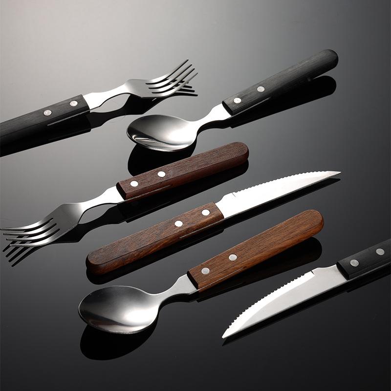 Stainless steel handle knife, fork, spoon, western tableware 3 main pieces rosewood handle steak knife and fork hotel retro meal