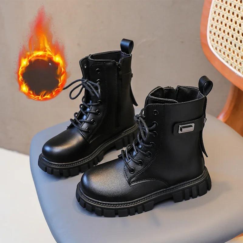 Girls Fashion Boots Kids Black Boots Motorcycle Tide British Style Kids Rubber Boots 2024 Autumn Winter Warm with Metal Buckle