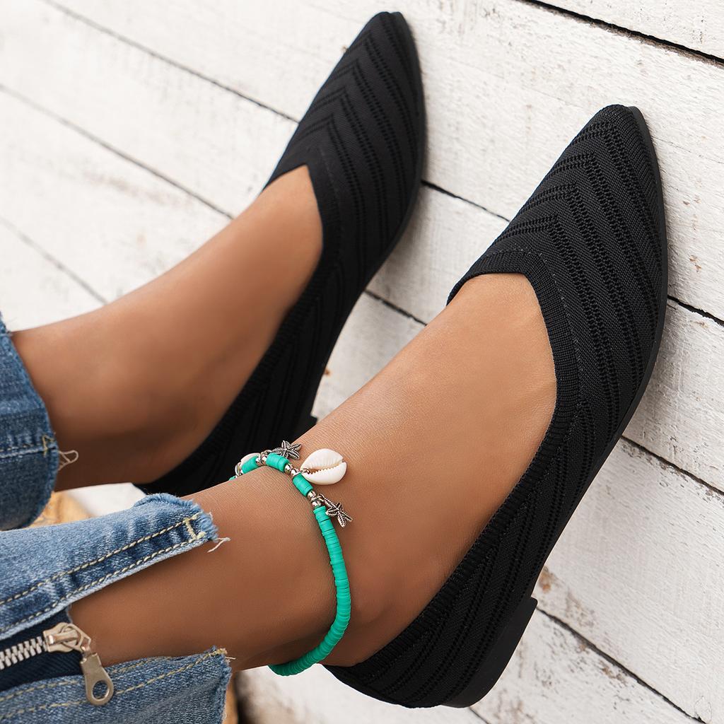 Fashion Women Flats Pointed Toe Flat Shoes Women Solid Color Knitted Slip on Shoes Casual Breathable Ballet Women Loafers Comfort Shoes
