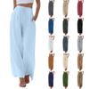 Womens Linen Cotton Wide Leg Pants Loose Fit Casual Trousers With Pockets Elastic Waist