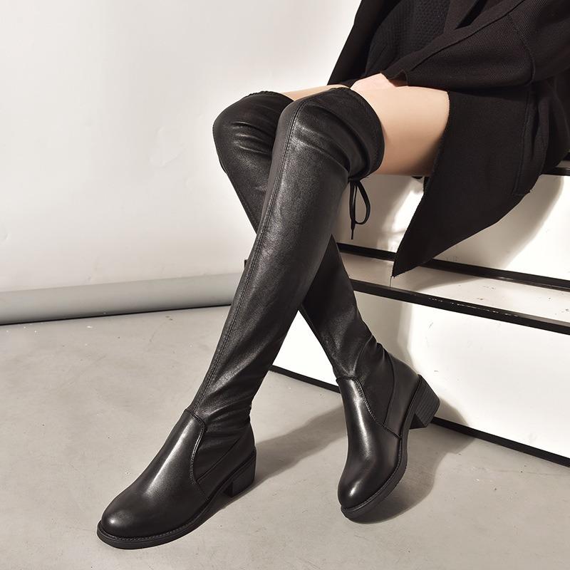 Over-knee Boots Women's Autumn and Winter New Warm Over-knee Rear Strap Thick Heel Medium Heel Thin Boots Trendy Boots