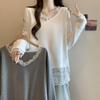 Plus Size V-Neck Velvet Lace Patchwork Long Sleeve Top for Women - Autumn/Winter 2025 Fashion